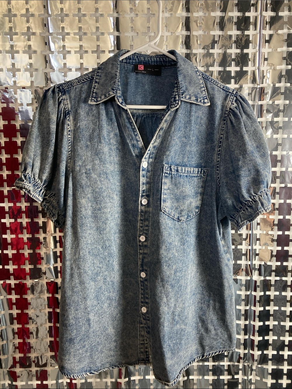 Kancy Kole Blue Washed Denim Short-Sleeve Button-Up Blouse